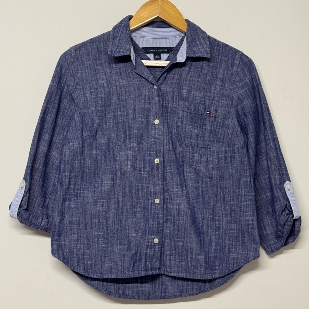 Tommy Hilfiger Chambray Cotton Printed Roll-Tab Utility Button Up Shirt